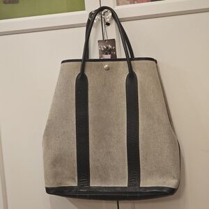 Hermes Black Trim Cream Canvas Tote Bag MM
